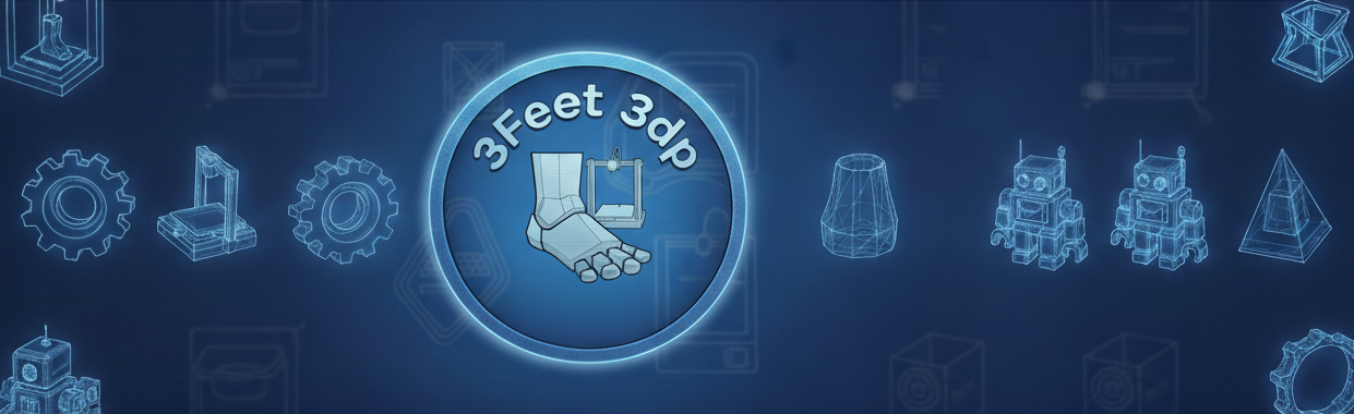 Logo of 3Feet 3dp with blue and white design on a dark blue background with geometric shapes.